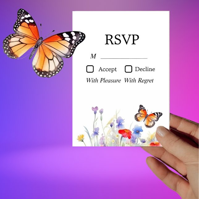 Convite Borboleta de Aquarela e Placa RSVP de Flores Selva (Criador carregado)
