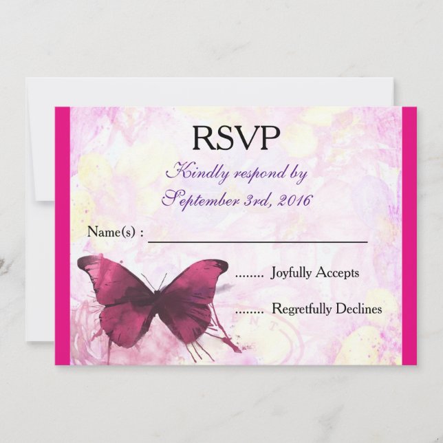 Convite Borboleta de Aquarela Roxa em Rosa RSVP (Frente)