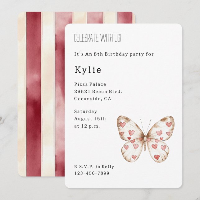 Convite Borboleta de Corações Bonitos Aniversário (Frente/Verso)