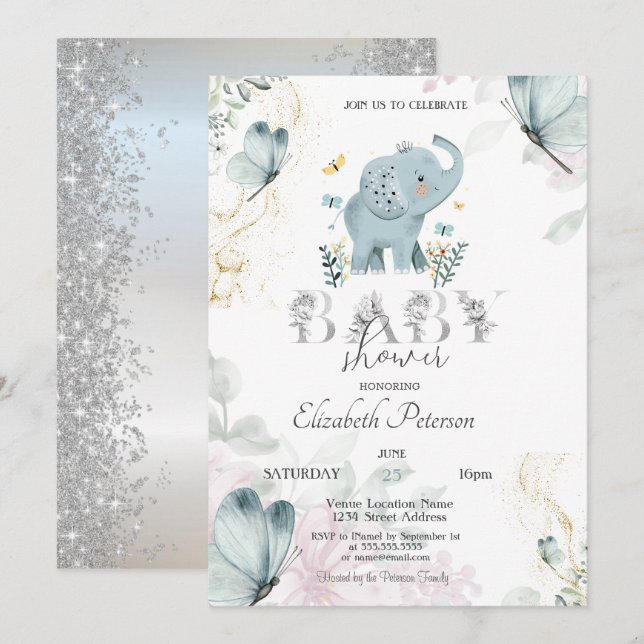 Convite Borboleta de Elefante Bebê Brilho Prata Chás de Be (Frente/Verso)