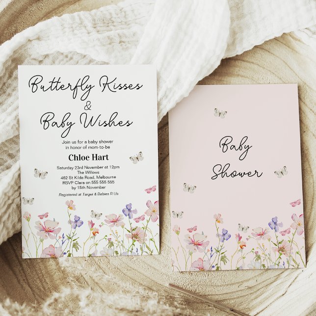 Convite Borboleta de Flor Selvagem Beija Chá de fraldas (Editable Wildflowers Butterfly Kisses and Baby Wishes Baby Shower Invitation,  Baby Shower Invite)