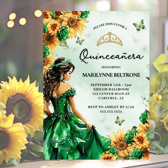 Convite Borboleta de girassol Princesa Verde Quinceañera (Criador carregado)