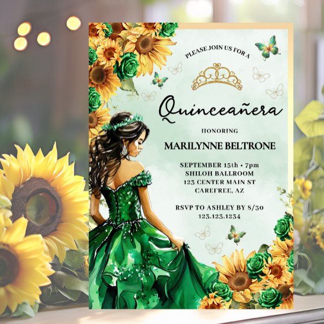 Convite Borboleta de girassol Princesa Verde Quinceañera (Criador carregado)