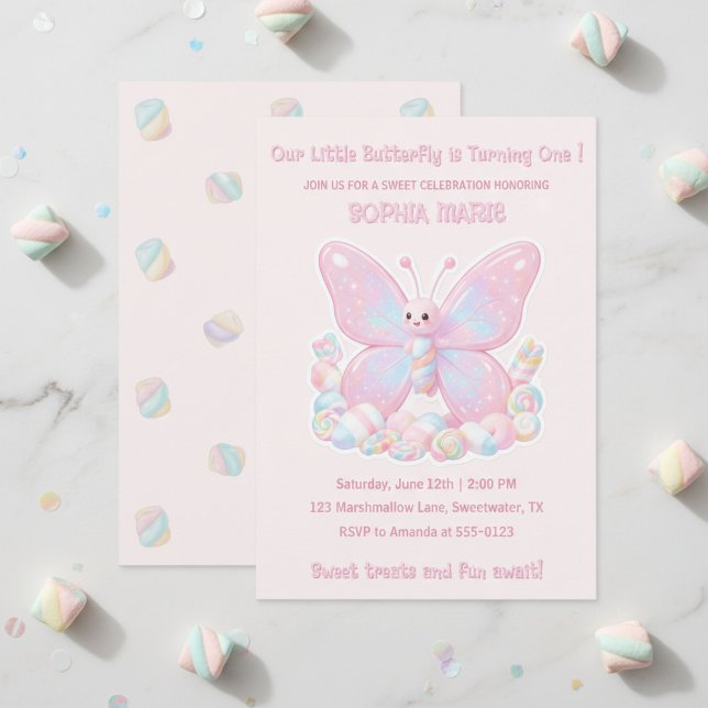 Convite Borboleta de Marshmallow Rosa Doce de 1º Aniversár (Sweet Pink Marshmallow Butterfly 1st Birthday Invitation)