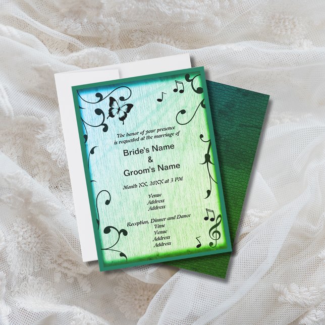 Convite Borboleta de Música Deixa Casamento de Madeira Ver (Music Butterfly Leaves Green Wood Wedding Invitation)
