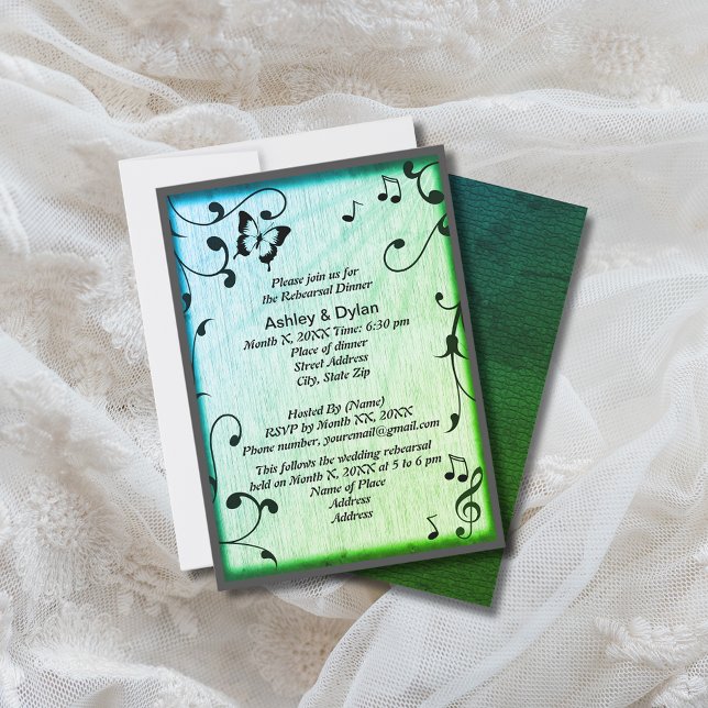 Convite Borboleta de Música Deixa Casamento de Madeira Ver (Music Butterfly Leaves Green Wood Wedding Invitation)