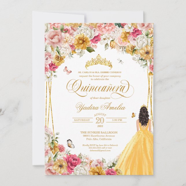 Convite  Borboleta De Quinceanera Blush Amarelo Cor-De-Ros (Frente)