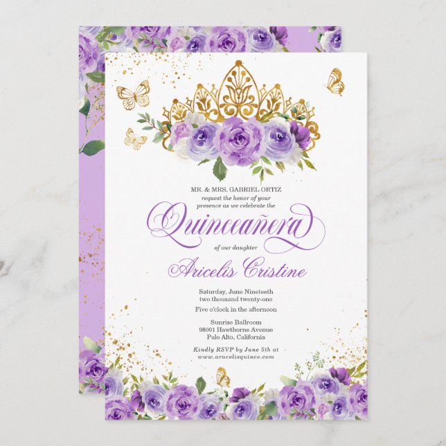 Convite Borboleta de Quinceañera e Flores de Aquarelas Rox (Frente/Verso)