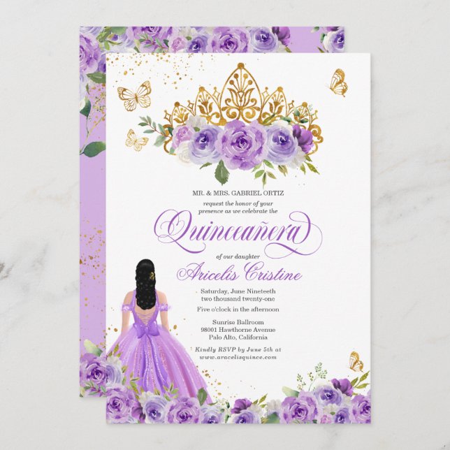 Convite Borboleta de Quinceañera e Flores de Aquarelas Rox (Frente/Verso)