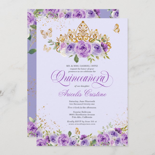 Convite Borboleta de Quinceañera e Flores de Aquarelas Rox (Frente/Verso)