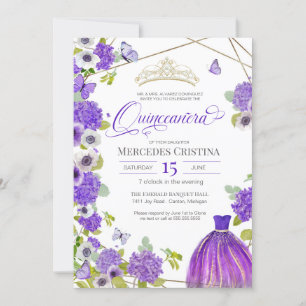 Convite Borboleta de Quinceañera Royal Purple Garden Tiar