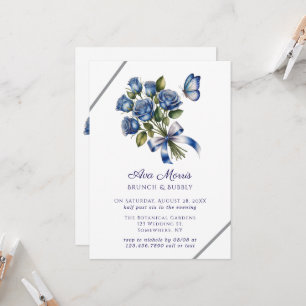 Convite Borboleta de Rosas Azuis Prata Brunch & Bubbly