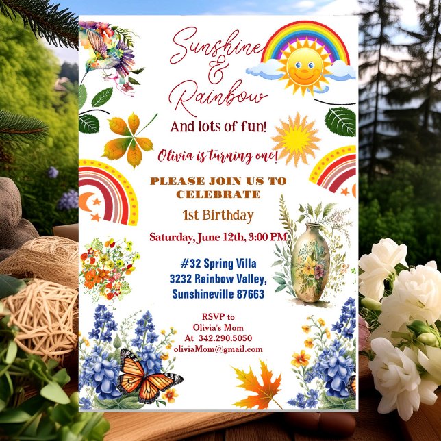 Convite Borboleta do Jardim do Arco-Primavera Sunshine Ani (Sunshine Rainbow Spring Garden Butterfly Birthday Invitation)