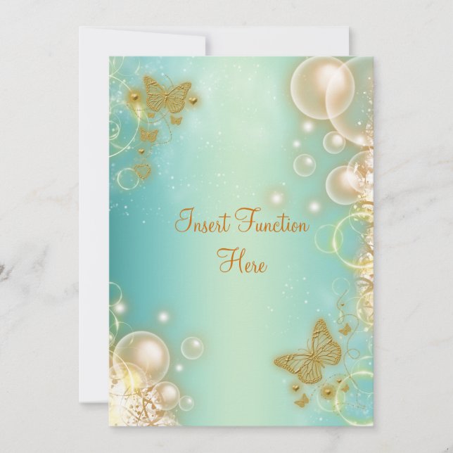 Convite Borboleta dourada azul-esverdeada noivado casament (Frente)