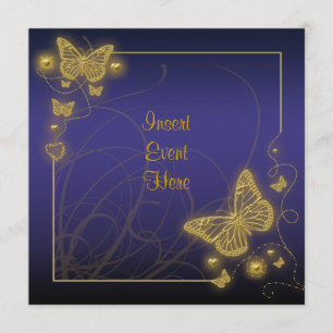 Convite Borboleta dourada azul real elegante