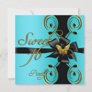 Convite Borboleta Dourada Azul Turquesa Sweet 16 Doze Anos