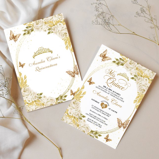 Convite Borboleta Dourada Branca Tiara Mis Quinceañera (Criador carregado)