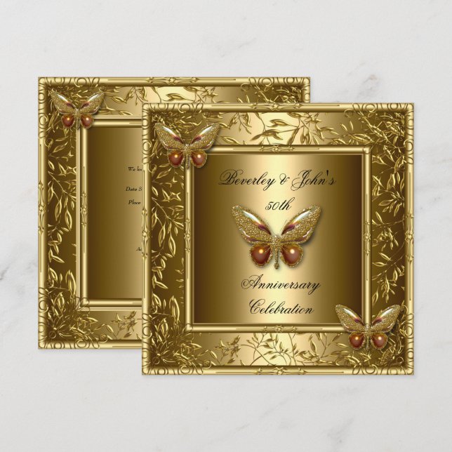 Convite Borboleta Dourada de 50º Aniversário de Casamento  (Frente/Verso)