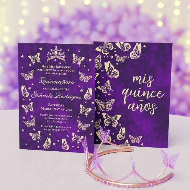 Convite Borboleta Dourada Elegante Quinceanera Tiara (Elegant Purple Gold Quinceanera Tiara Butterfly Invitation)