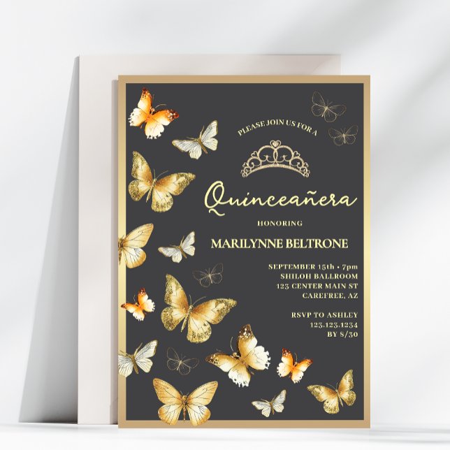 Convite Borboleta Dourada Elegante Tiara Quinceañera (Criador carregado)