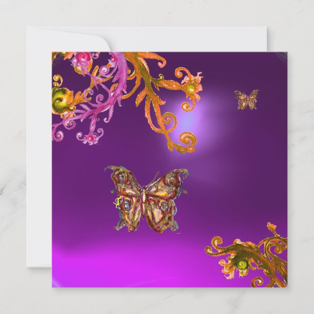 CONVITE BORBOLETA DOURADA EM REDEMOINHOS FLORESCENTES ROXO (Frente)