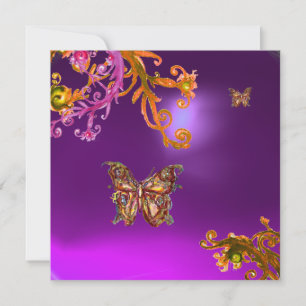 CONVITE BORBOLETA DOURADA EM REDEMOINHOS FLORESCENTES ROXO
