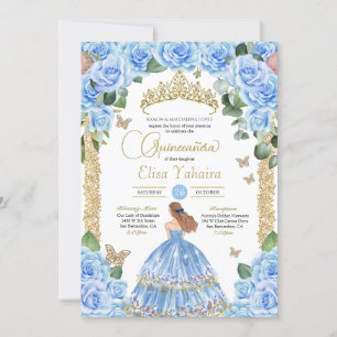 Convite Borboleta Dourada Floral Azul Clara Quinceañera