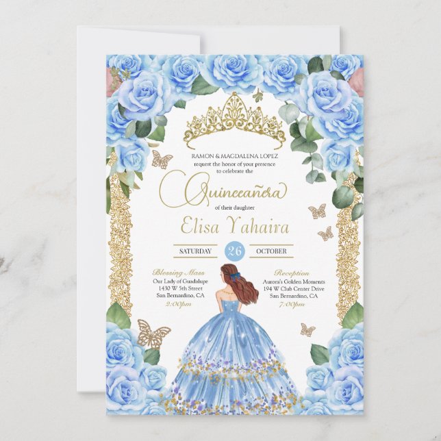 Convite Borboleta Dourada Floral Azul Clara Quinceañera (Frente)