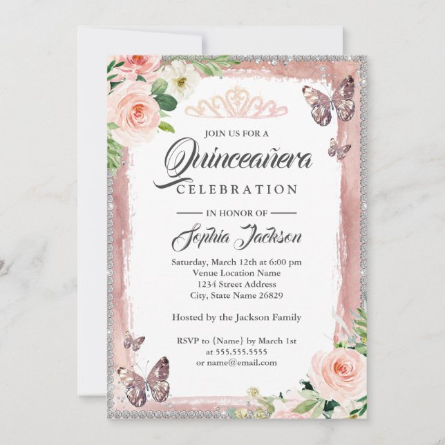 Convite Borboleta Dourada Floral Rosa Brilho Quinceanera (Frente)