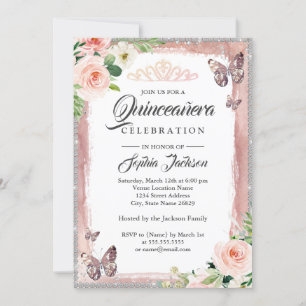 Convite Borboleta Dourada Floral Rosa Brilho Quinceanera
