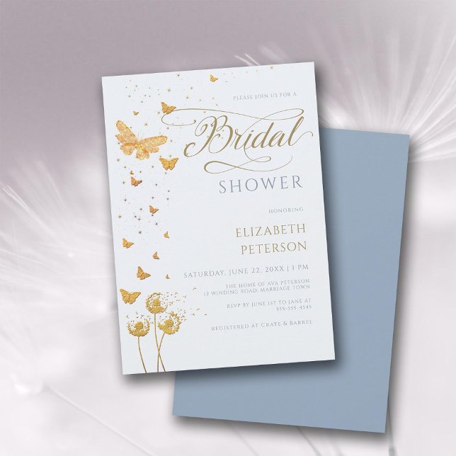 Convite Borboleta Dourada Flores Selvagens Boho Chá de pan (dusty blue gold butterflies romantic modern calligraphy bridal shower invitation elegant boho)