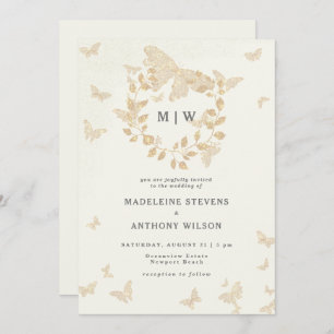 Convite Borboleta Dourada Monogramas Casamento