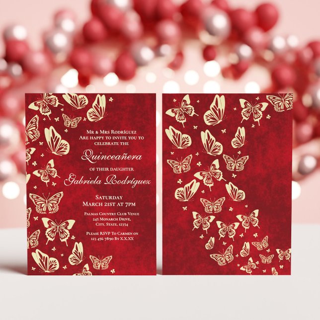 Convite Borboleta Dourada Red Burgundy Mis Quince 15 anos (Red Burgundy Gold Butterfly Mis Quince 15 birthday Invitation)