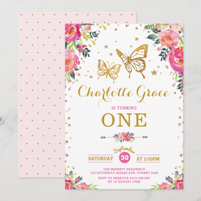 Convite Borboleta Dourada rosa Aniversário Floral (Frente/Verso)