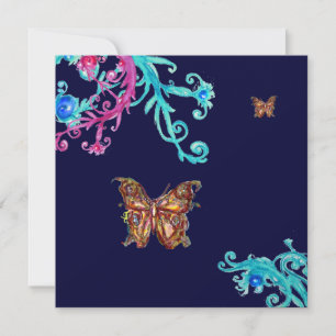 Convite BORBOLETA DOURADA , rosa brilhante azul