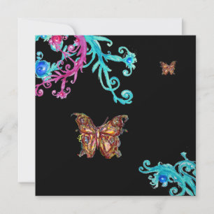 Convite BORBOLETA DOURADA , rosa brilhante azul preto
