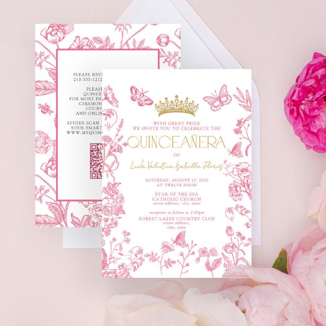 Convite Borboleta Dourada rosa QR Quinceañera Mis Quince A (Criador carregado)