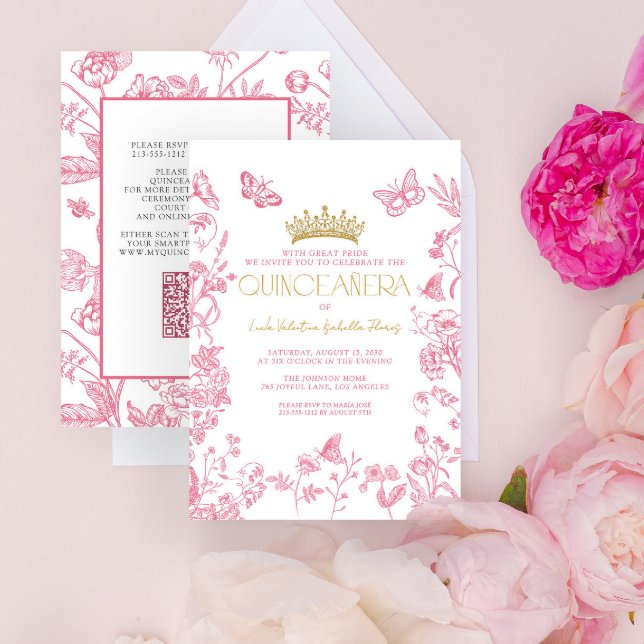 Convite Borboleta Dourada rosa Quinceañera QR Mis Quince A (Criador carregado)