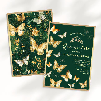 Convite Borboleta Dourada Verde Esmeralda Quinceañera