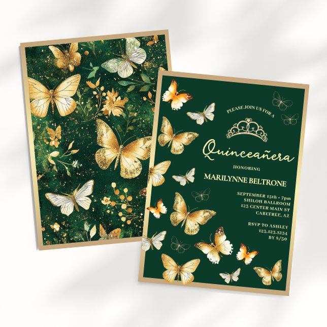 Convite Borboleta Dourada Verde Esmeralda Quinceañera (Criador carregado)