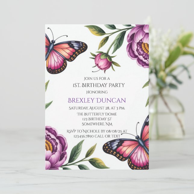 Convite Borboleta e Peony Girl 1rua. Festa de aniversário (Em pé/Frente)