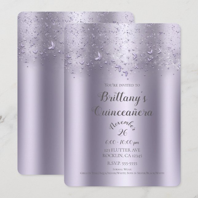 Convite Borboleta Esvoaçante Lilás Brilhante Quinze Anos (Frente/Verso)