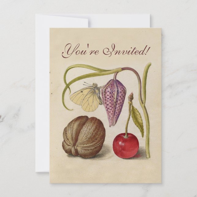 Convite Borboleta Flor de Noz Flor, Cereja, Aquarela (Frente)