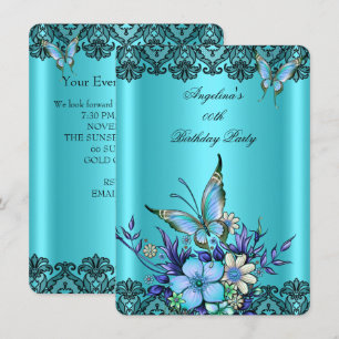 Convite Borboleta Floral Azul Teal Renda Preta Aniversário