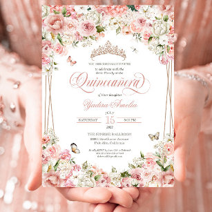 Convite Borboleta Floral Branca Rosa Quinceanera