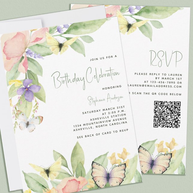 Convite Borboleta Floral de Aquarela Festa de aniversário  (Watercolor Floral Butterfly QR Code Birthday Party Invitation)