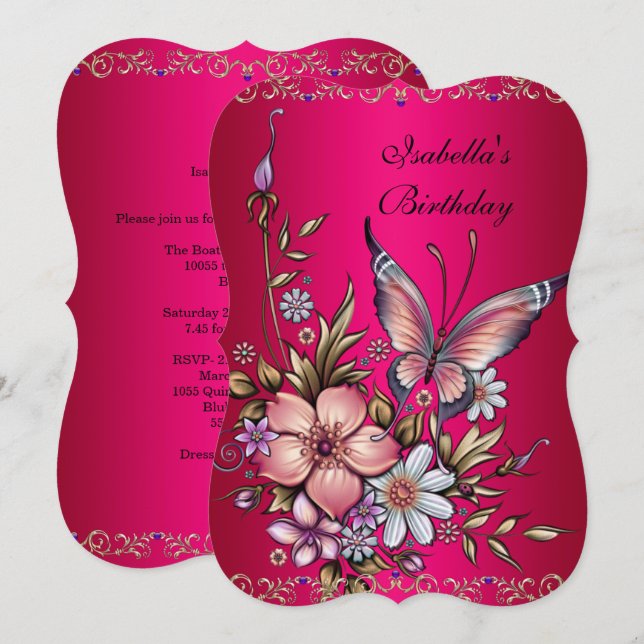 Convite Borboleta Floral de Birthday Elegant Pink Fushia (Frente/Verso)