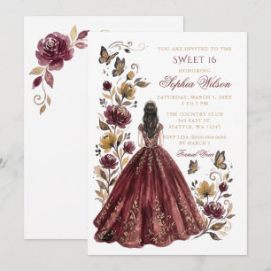 Convite Borboleta Floral Dourada Borgonha Princesa Sweet 1