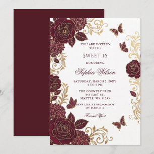 Convite Borboleta Floral Dourada Borgonha Sweet 16