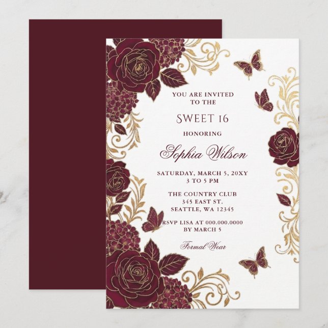 Convite Borboleta Floral Dourada Borgonha Sweet 16 (Frente/Verso)